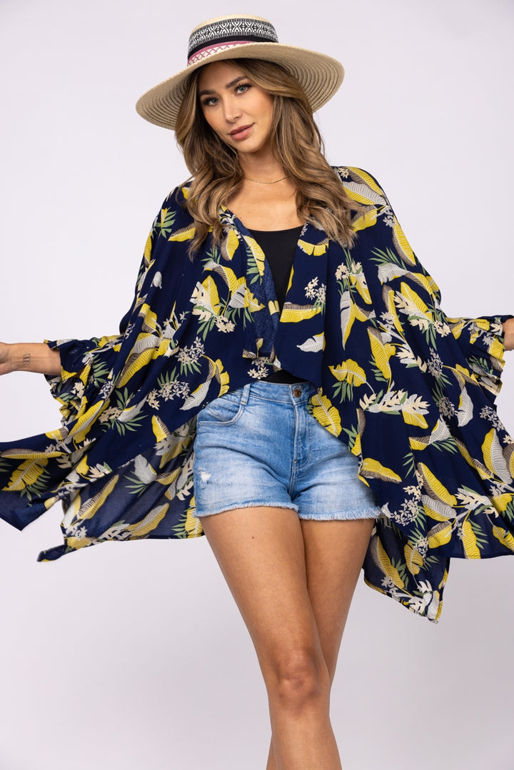 BLUE TROPICAL PRINT WATERFALL STYLE COVER UP