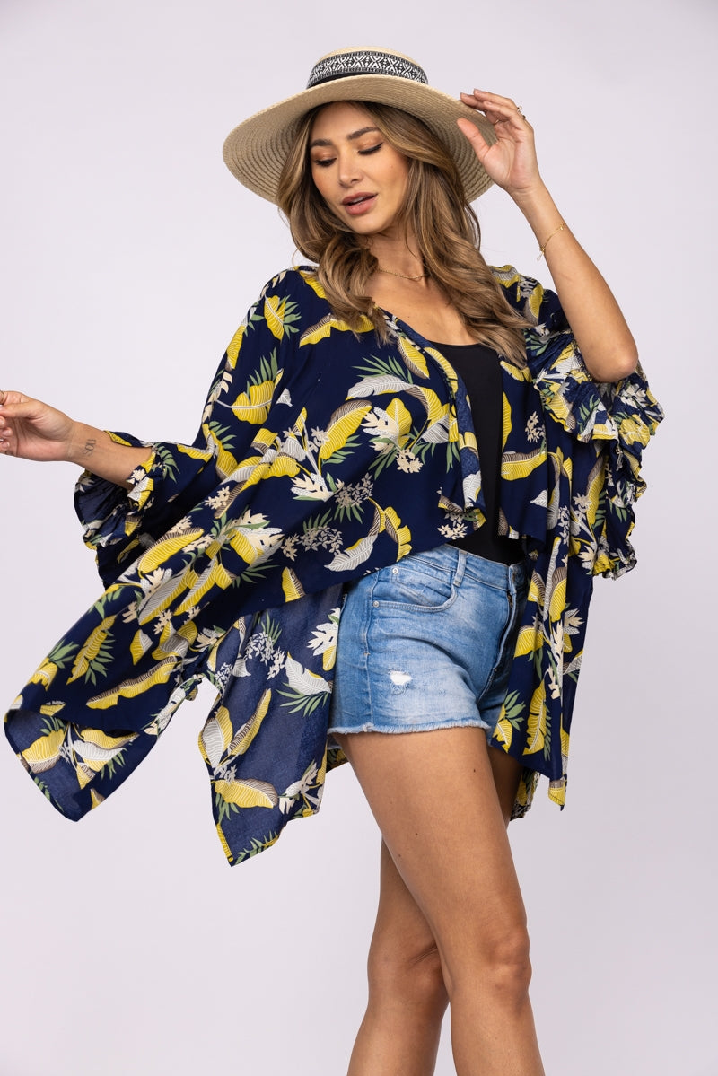 BLUE TROPICAL PRINT WATERFALL STYLE COVER UP