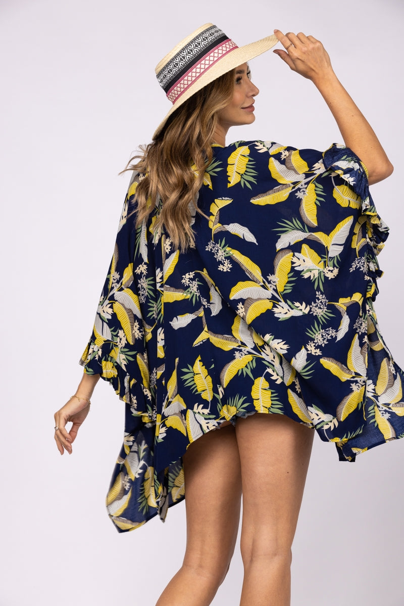 BLUE TROPICAL PRINT WATERFALL STYLE COVER UP