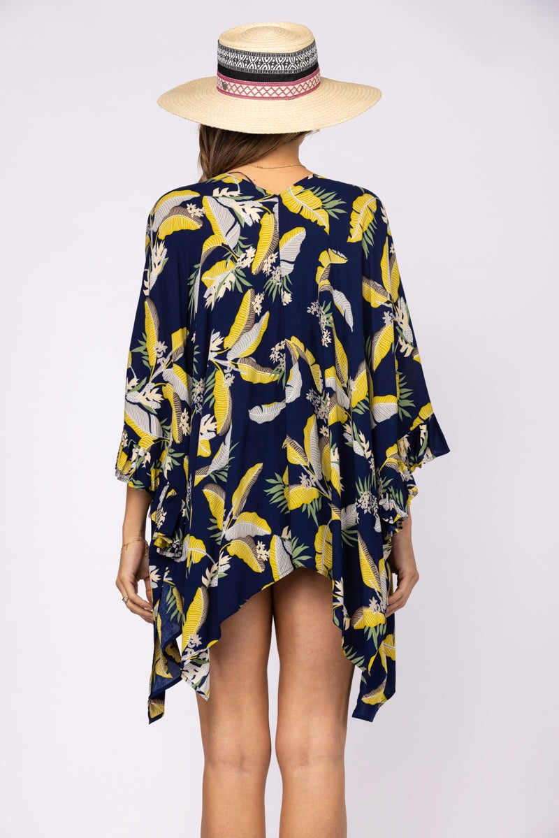 BLUE TROPICAL PRINT WATERFALL STYLE COVER UP