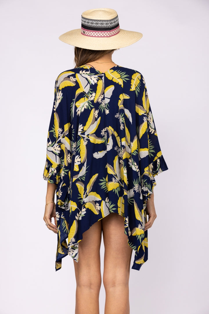 BLUE TROPICAL PRINT WATERFALL STYLE COVER UP