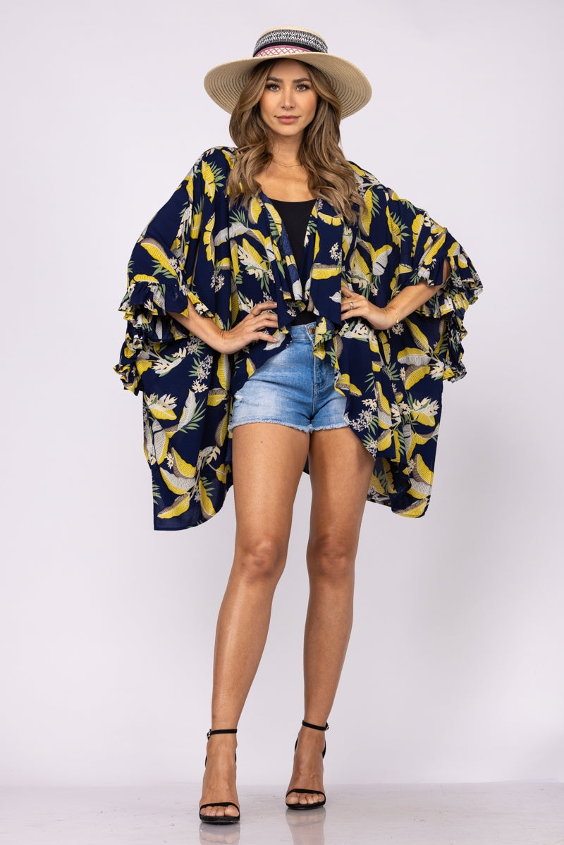 BLUE TROPICAL PRINT WATERFALL STYLE COVER UP