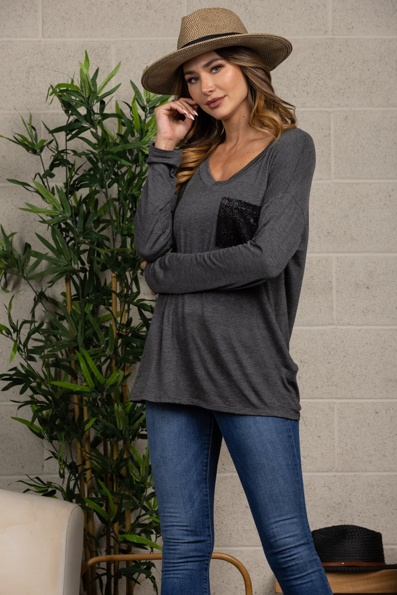 CHARCOAL V-NECK LONG SLEEVE TOP-T6945
