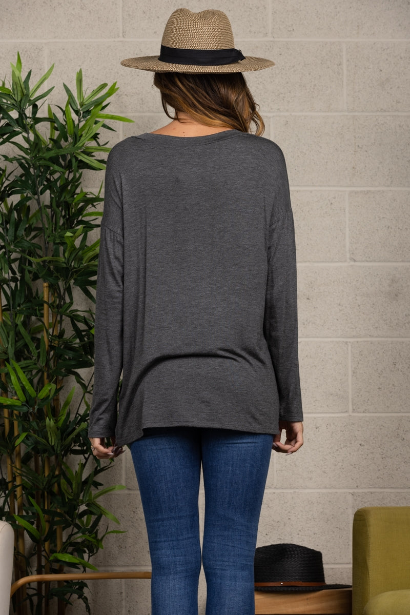 CHARCOAL V-NECK LONG SLEEVE TOP-T6945