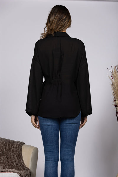 CREPE COLLARED FRONT WRAP TOP BLOUSE