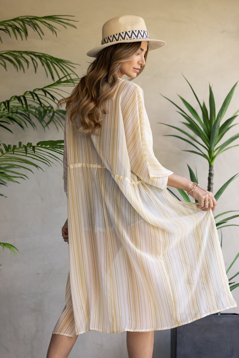 LIGHT YELLOW WHITE KRAVET STRIPES PRINT COVER-UP-VJ90867