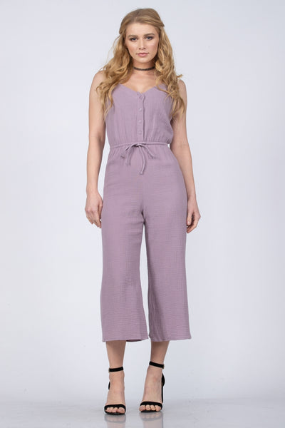 VIOLET CREPE SLEEVELESS BUTTONS-UP JUMPSUIT