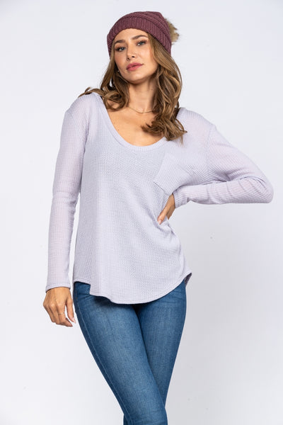 HEATHER LILAC WAFFLE THERMAL KNIT TOP-T6948