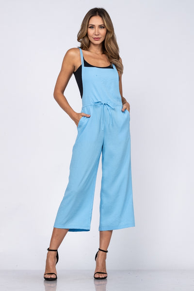 BABY BLUE FARMER STYLE SPAGHETTI STRAPS WOVEN JUMPSUIT