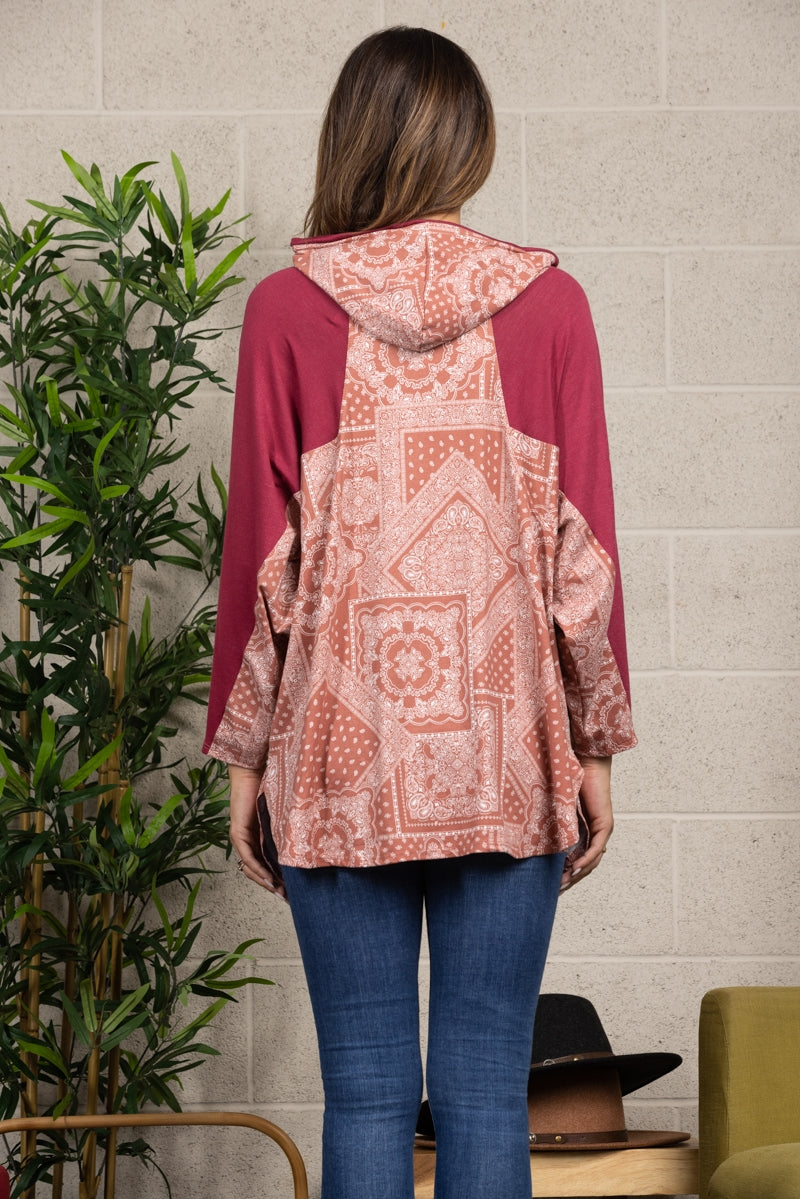 GINGER MOROCCAN PRINT SELF CONTRAST KNIT PULLOVER HOODY TOP-T7022