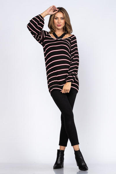 STRIPED KNIT WITH PRINT CRISSCROSS DETAIL TOP