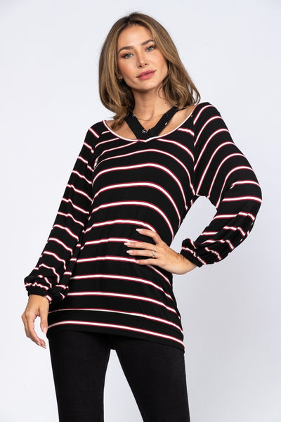 STRIPED KNIT WITH PRINT CRISSCROSS DETAIL TOP