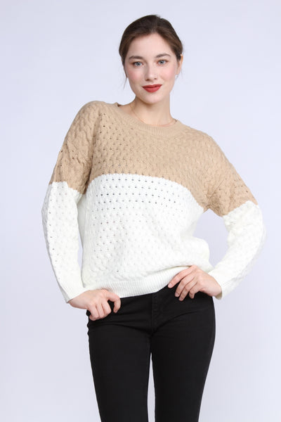 PORCELAIN WHITE LATTE BROWN BRAIDED STITCH SWEATER TOP