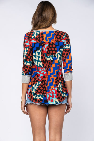 GREY MULTI SHAPES PRINT CUFFED SLEEVES LONG BACK TOP