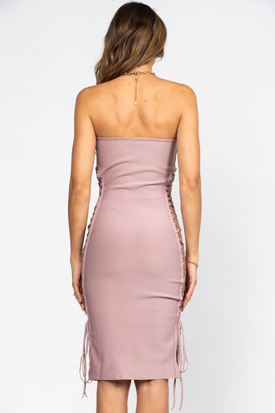 DUSTY LILAC BRAIDED SIDES DETAIL BODYCON STRAPLESS DRESS