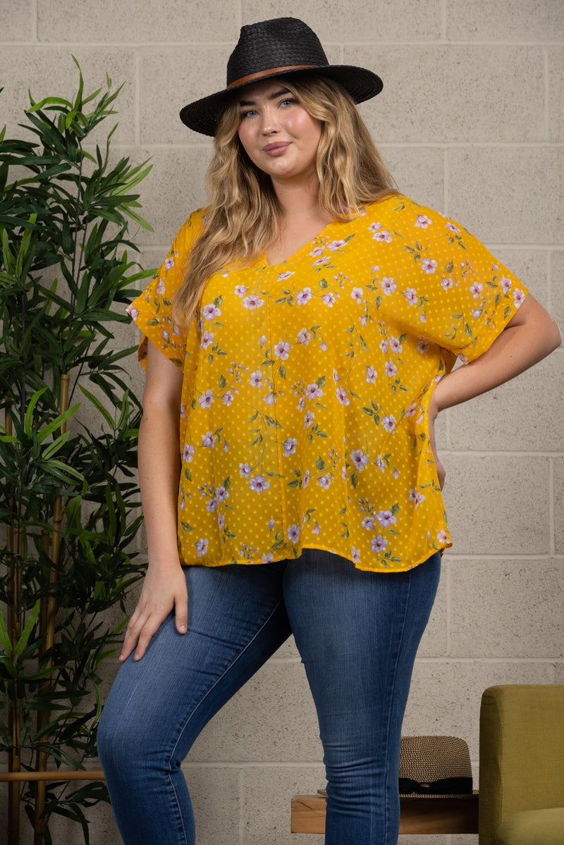 YELLOW FLORAL PRINT PLUS SIZE COVER-UP TOP