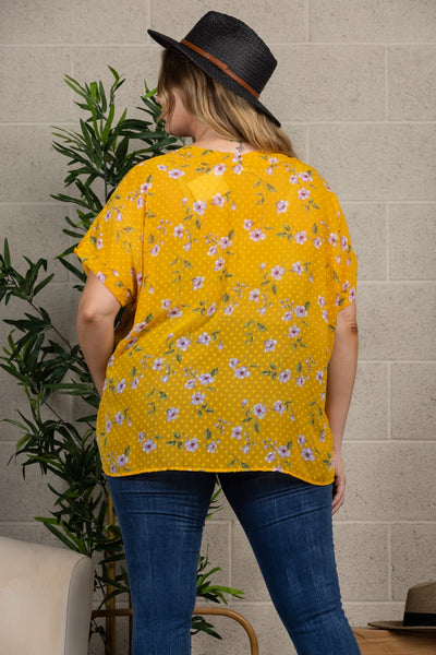 YELLOW FLORAL PRINT PLUS SIZE COVER-UP TOP