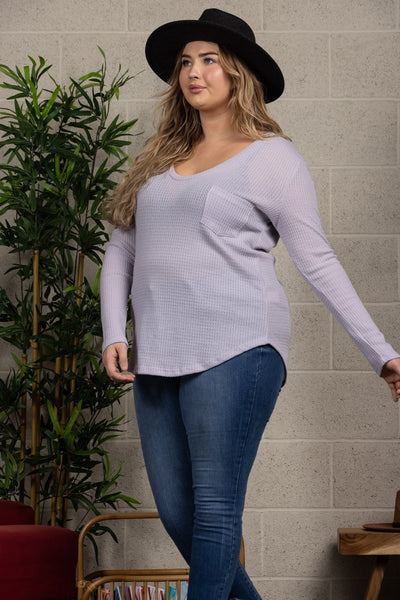 HEATHER LILAC WAFFLE THERMAL KNIT PLUS SIZE TOP-T6948