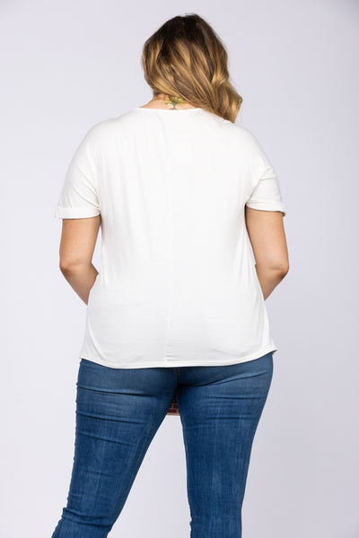 IVORY KNIT LACEY V-NECK PLUS SIZE TOP-T6620P