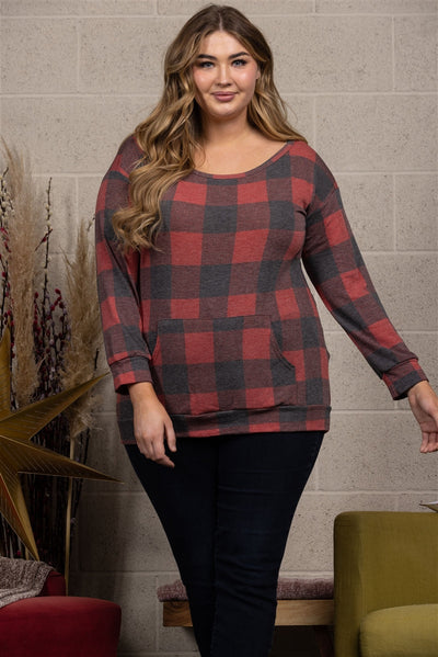 CHARCOAL/RED MADRAS PRINT PULLOVER PLUS SIZE TOP ST1788-13X