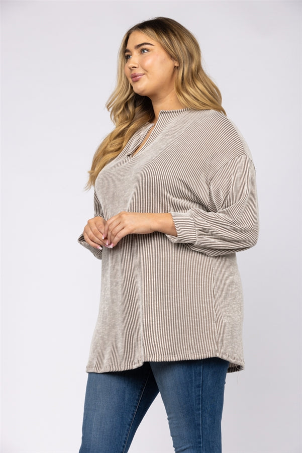 TAUPE AND WHITE STRIPES LONG SLEEVES PLUS SIZE POLO ST859