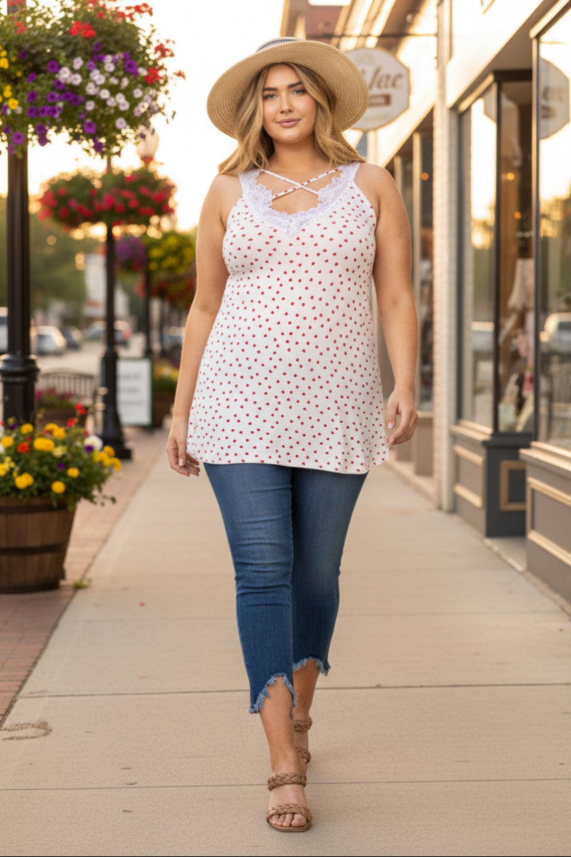 IVORY WHITE HEART PRINTS LACE V NECK CRISS CROSS PLUS SIZE TOP-T6575P-