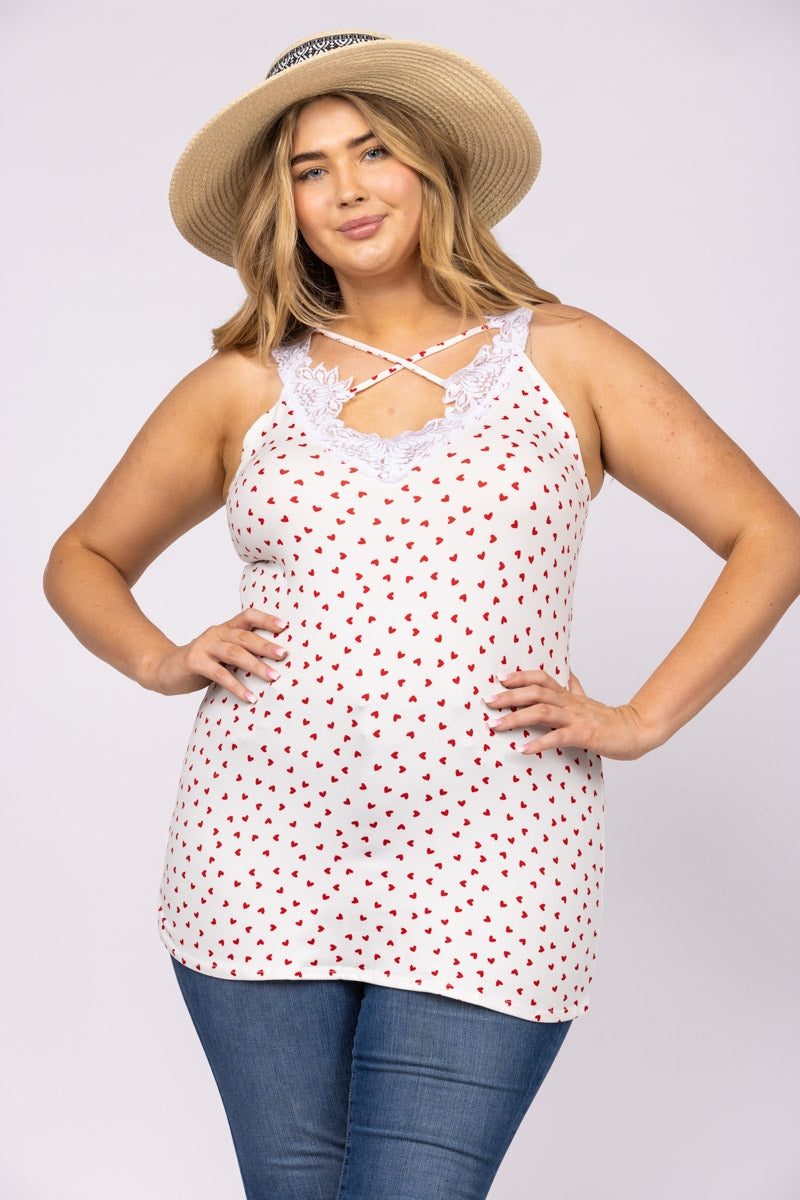IVORY WHITE HEART PRINTS LACE V NECK CRISS CROSS PLUS SIZE TOP-T6575P-