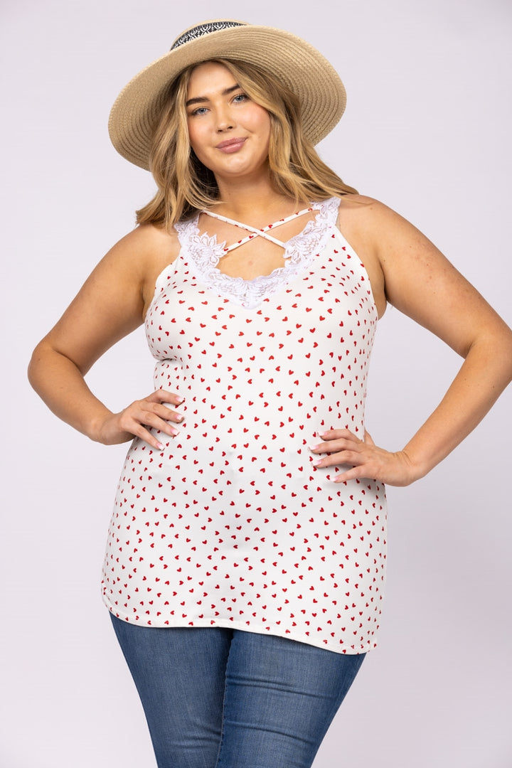 IVORY WHITE HEART PRINTS LACE V NECK CRISS CROSS PLUS SIZE TOP-T6575P-