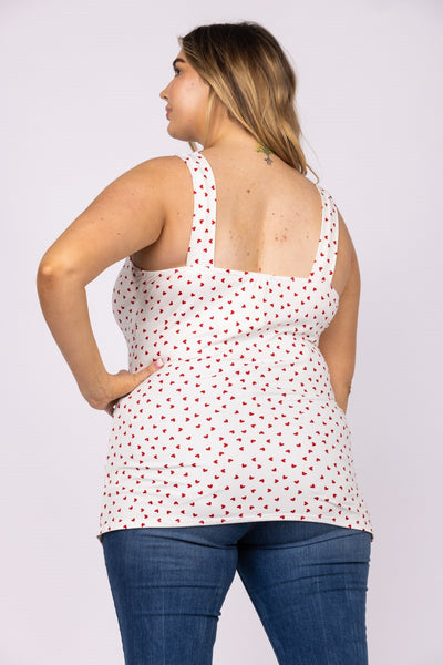 IVORY WHITE W/ RED HEART PRINTS LACE V NECK CRISS CROSS PLUS SIZE TOP