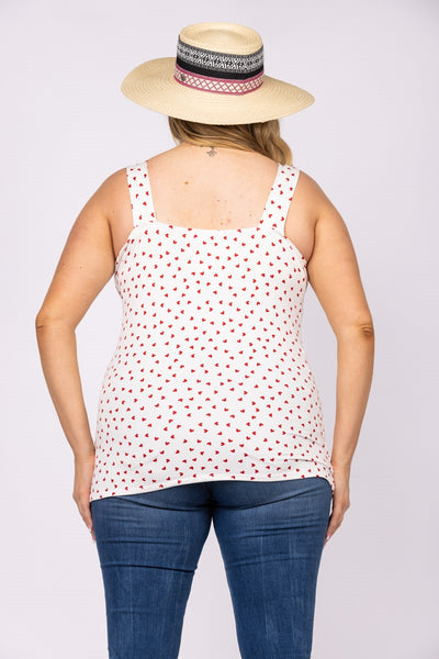 IVORY WHITE W/ RED HEART PRINTS LACE V NECK CRISS CROSS PLUS SIZE TOP