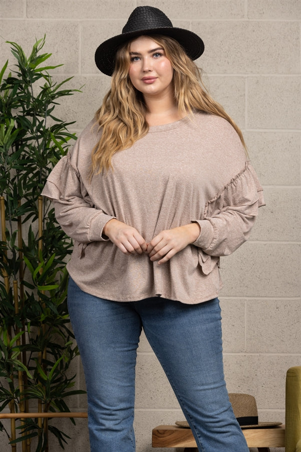 CORAL BUTTERFLY CUFFED LONG SLEEVES KNIT PLUS SIZE TOP