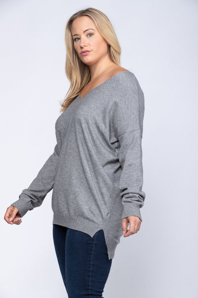 HEATHER GREY PLUS SIZE KNIT PULLOVER SWEATER-TA1002PX