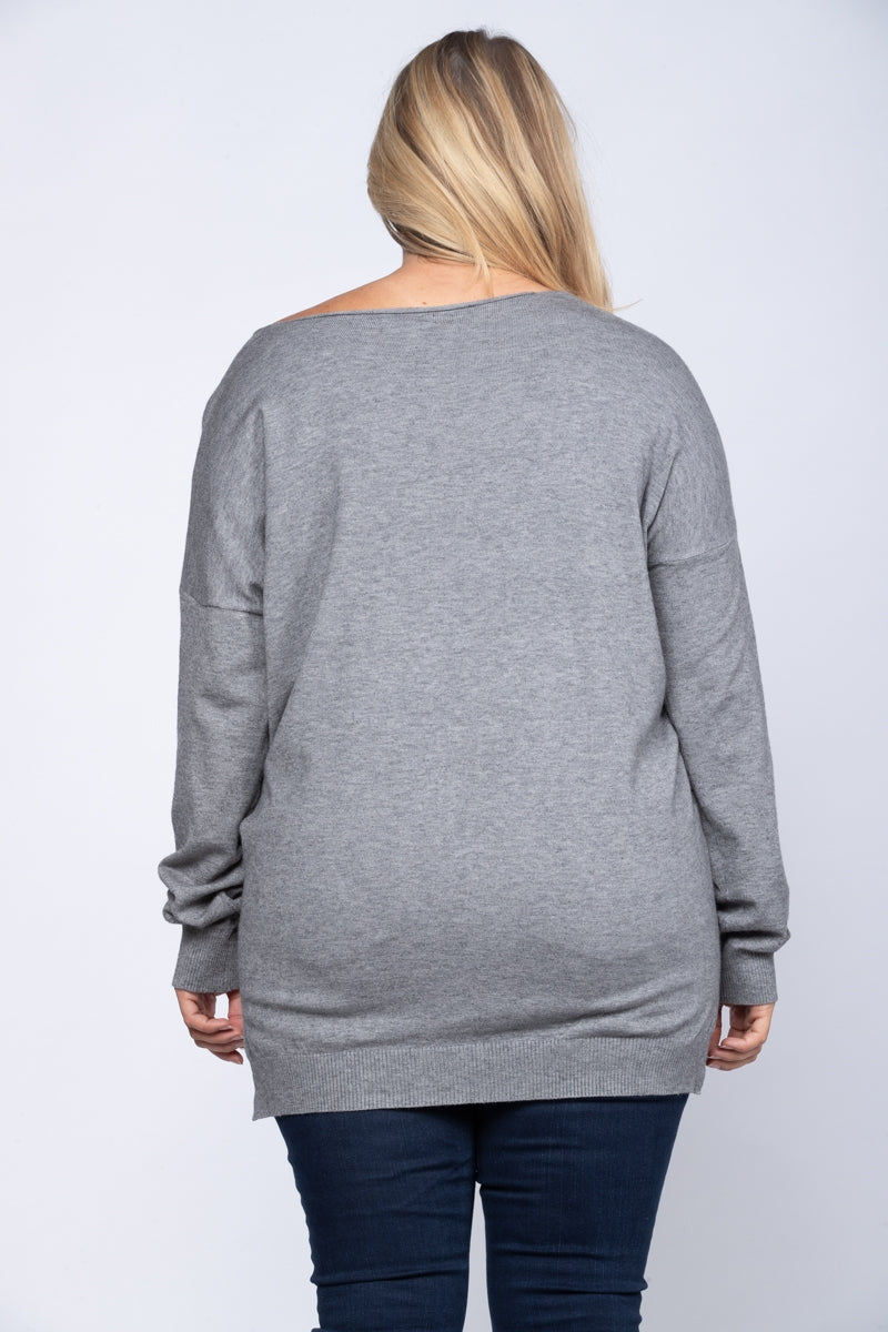 HEATHER GREY PLUS SIZE KNIT PULLOVER SWEATER-TA1002PX
