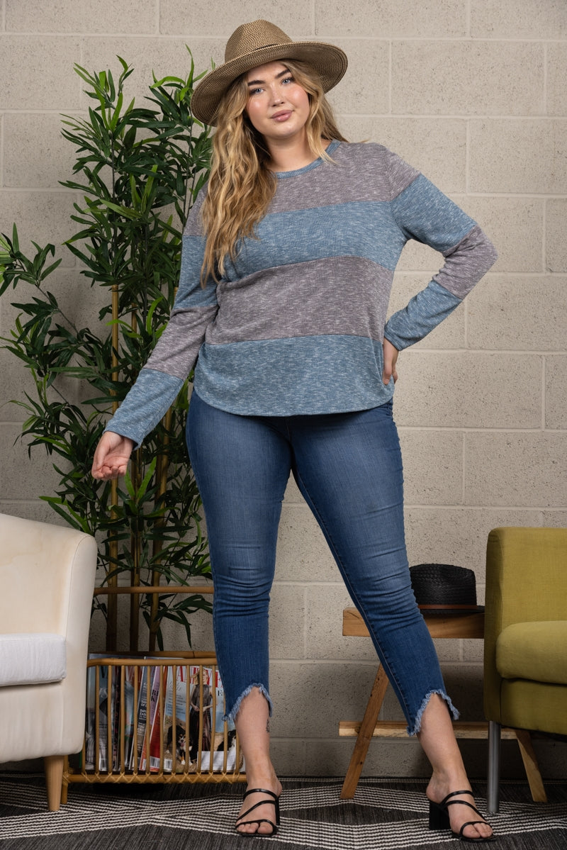 LIGHT GREY TEAL PULL OVER PLUS SIZE SWEATER TOP-PTJ11307X