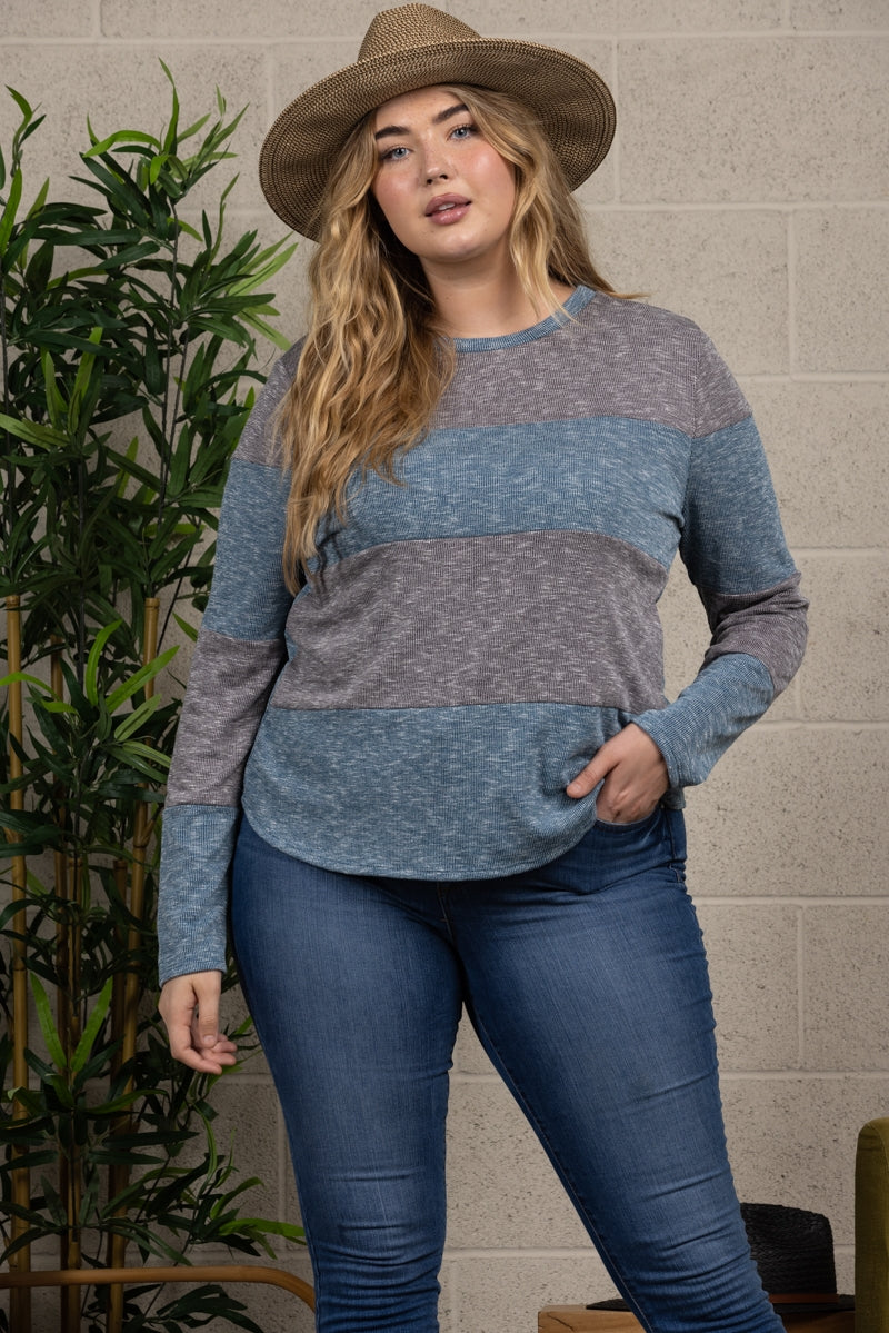 LIGHT GREY TEAL PULL OVER PLUS SIZE SWEATER TOP-PTJ11307X