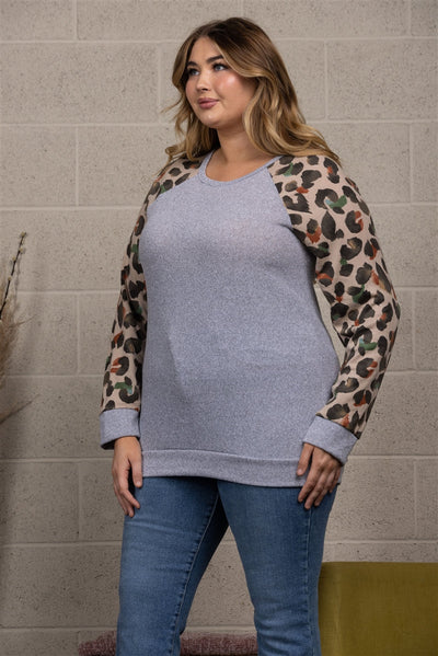 ANIMAL PRINT CONTRAST PULLOVER PLUS SIZE TOP