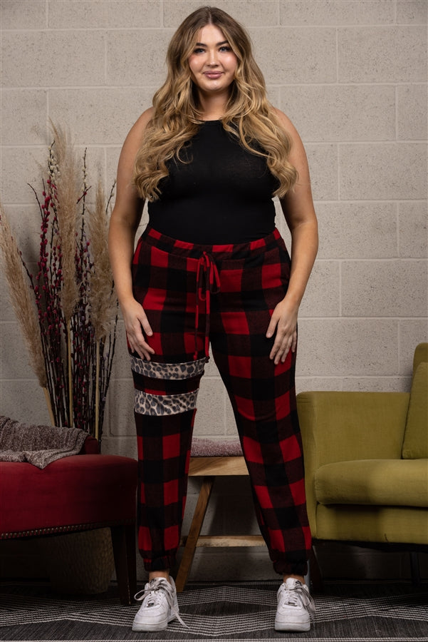 RED PLAID SOFT FLEECE JOGGER PLUS SIZE PANTS-SP1114