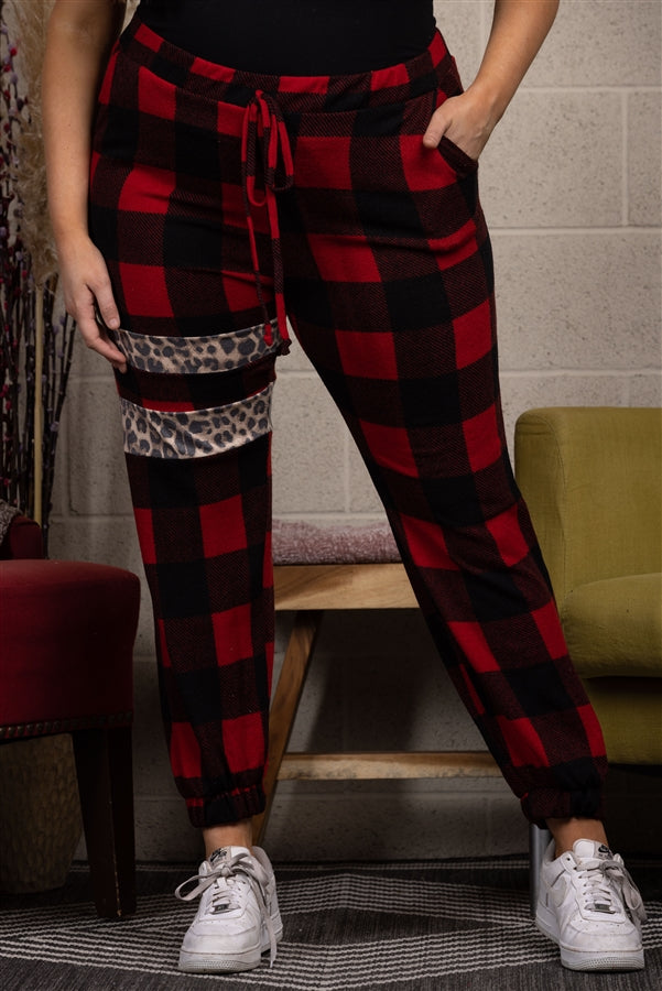 RED PLAID SOFT FLEECE JOGGER PLUS SIZE PANTS-SP1114