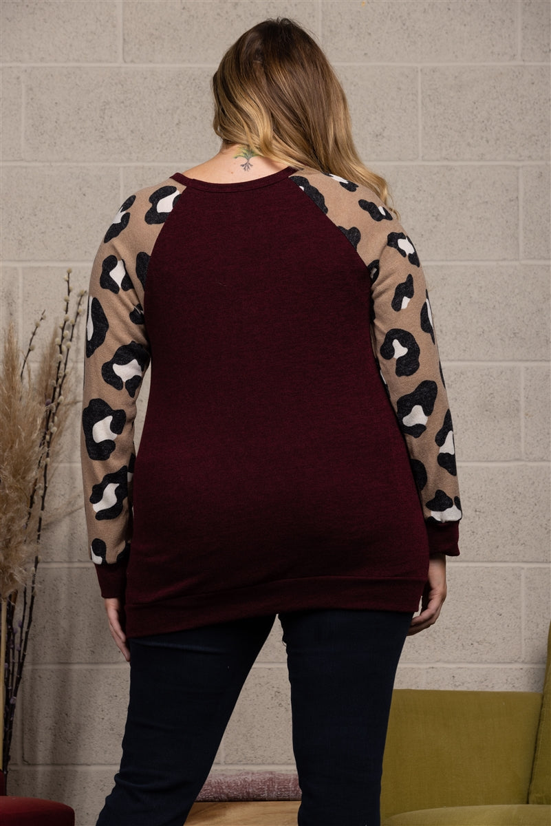 ANIMAL PRINT CONTRAST PULLOVER PLUS SIZE TOP