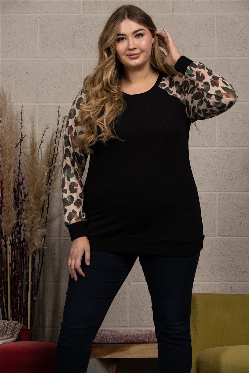 BLACK W/ ANIMAL PRINT CONTRAST PULLOVER PLUS SIZE TOP ST1380-38X