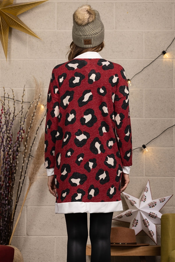 DARK CORAL COW PRINT FUZZY COVER-UP CARDIGAN-EJ5001-10