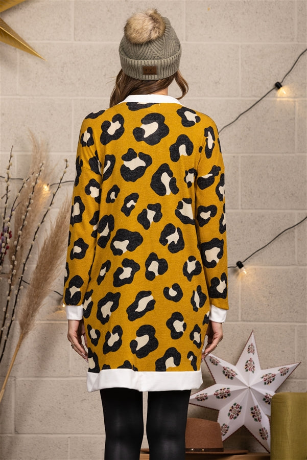 MUSTARD ANIMAL PRINT FUZZY COVER-UP CARDIGAN-EJ5001-10