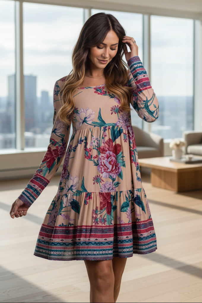 TAUPE FLORAL PRINT SQUARE NECK LONG SLEEVES MIDI DRESS* TAUPE FLORAL PRINT SQUARE NECK LONG SLEEVES MIDI DRESS*