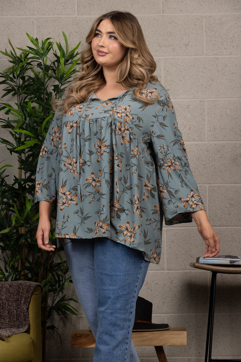 FLORAL PRINT BABYDOLL BELL SLEEVE PLUS SIZE TOP