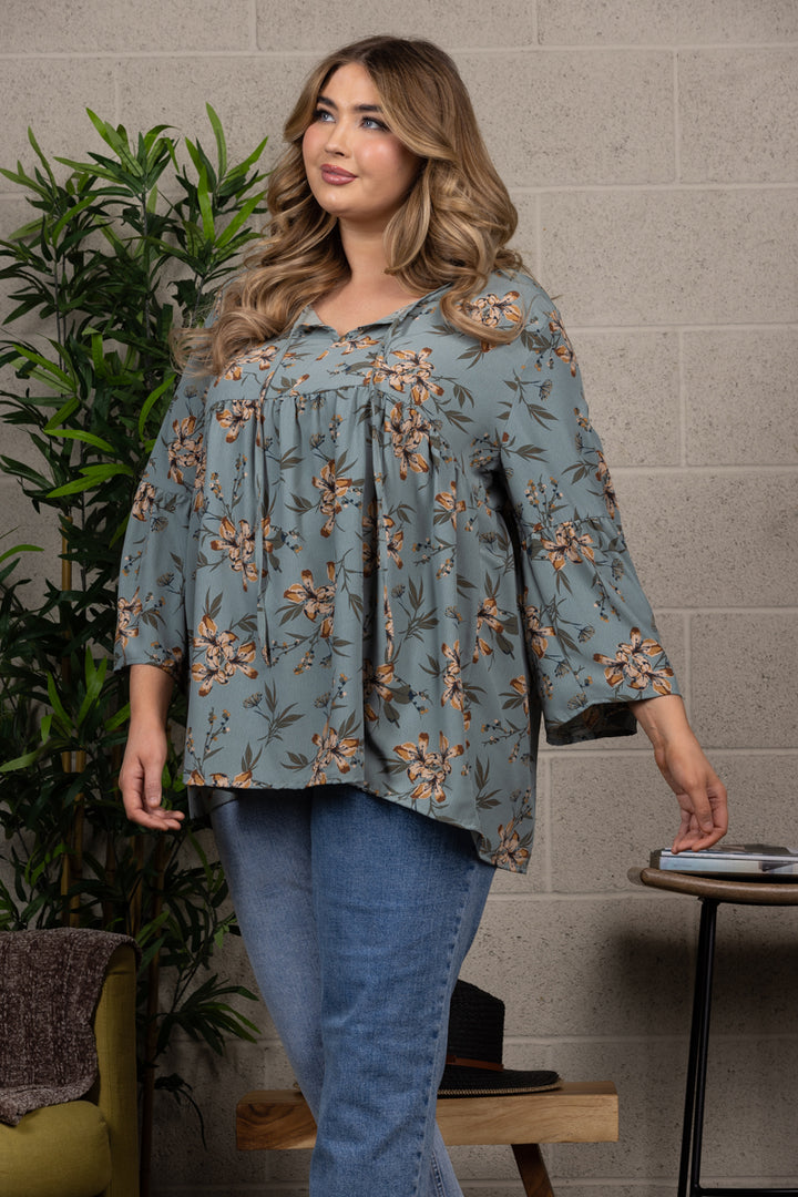FLORAL PRINT BABYDOLL BELL SLEEVE PLUS SIZE TOP