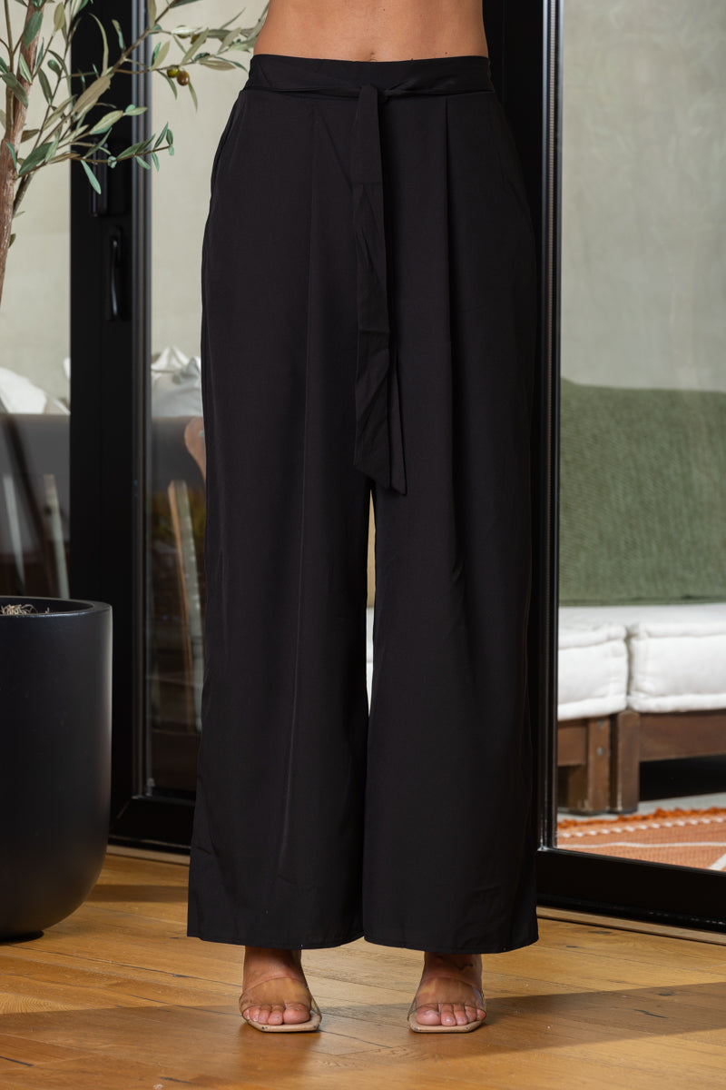 BLACK HIGH WAISTED TIE KNOT WIDE LEG PANTS-BL60014