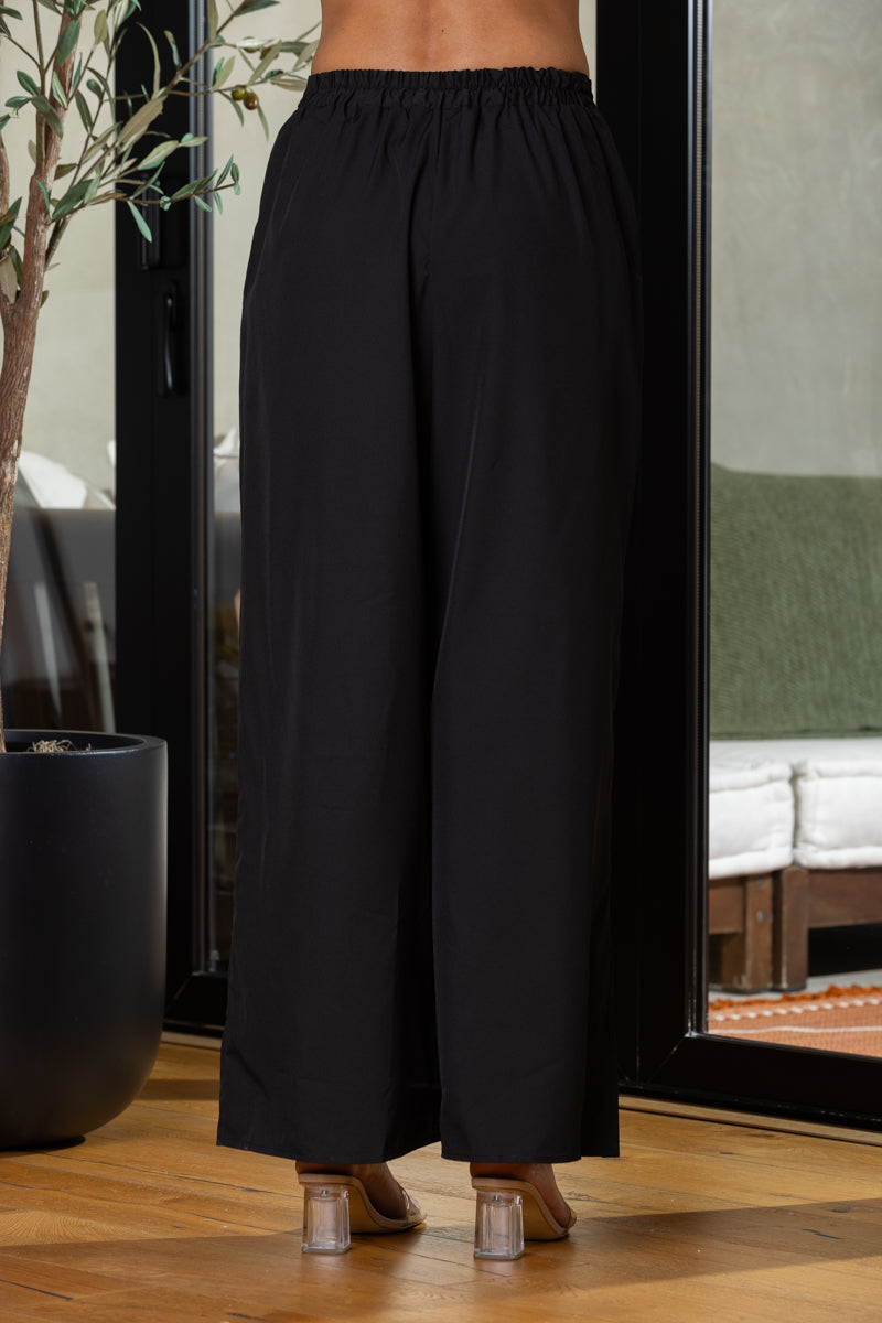 BLACK HIGH WAISTED TIE KNOT WIDE LEG PANTS-BL60014