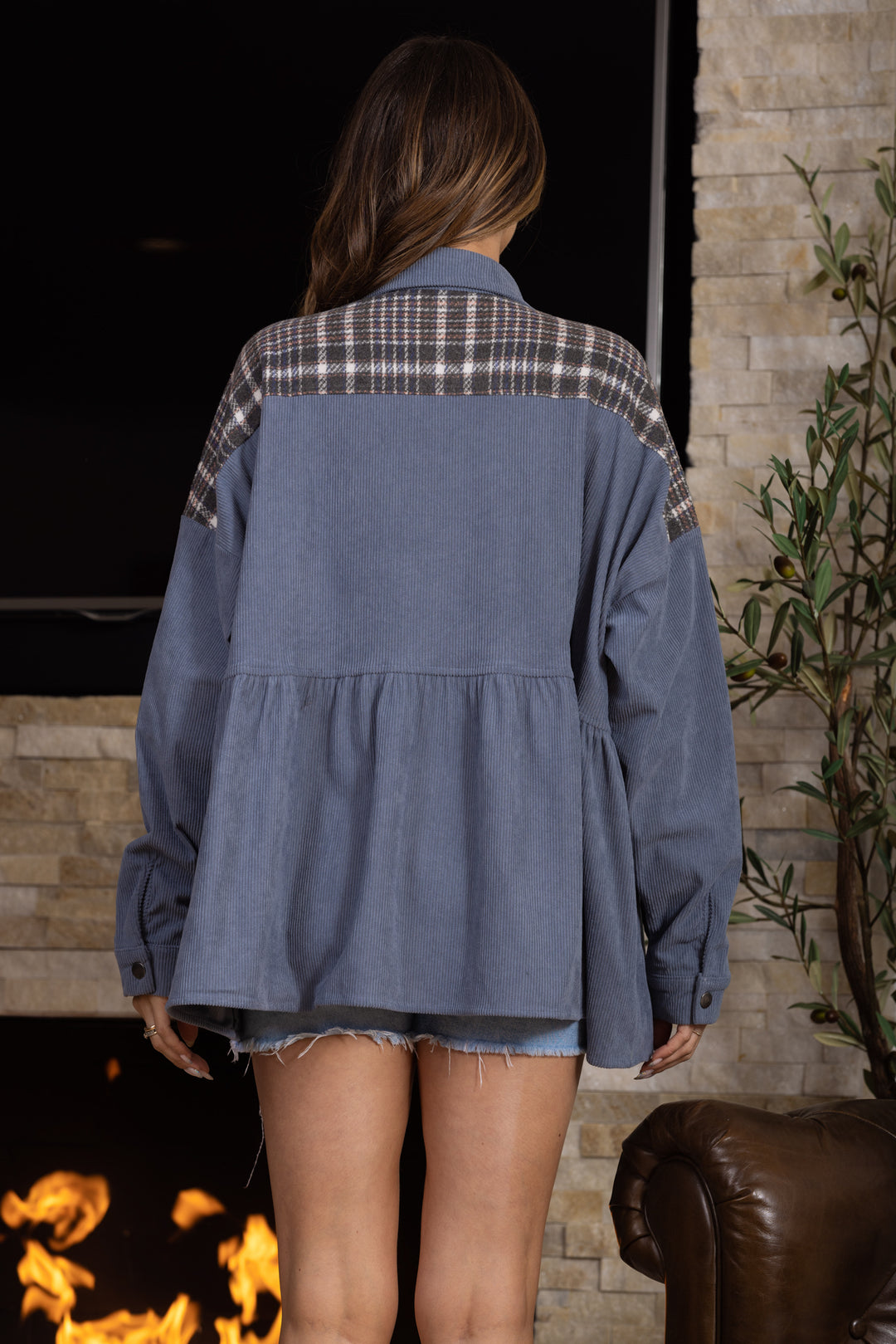 ASH BLUE TARTAN PRINT BUTTON DOWN JACKET JI80237