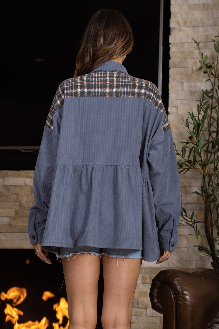 ASH BLUE TARTAN PRINT BUTTON DOWN JACKET JI80237