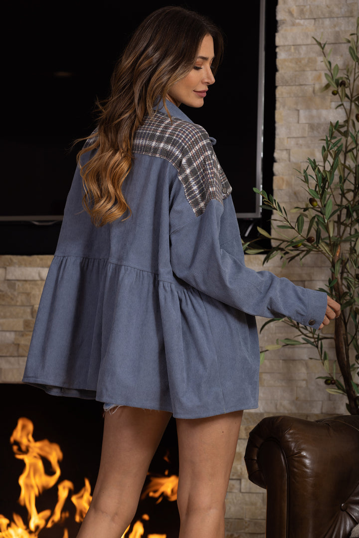 ASH BLUE TARTAN PRINT BUTTON DOWN JACKET JI80237